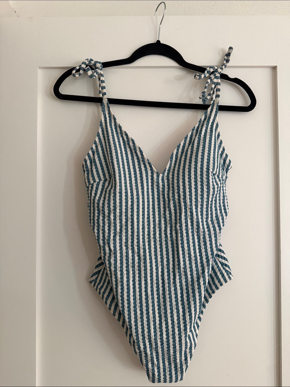 Jessica Simpson Blue and White Striped Tie-Shoulder One-Piece Swim